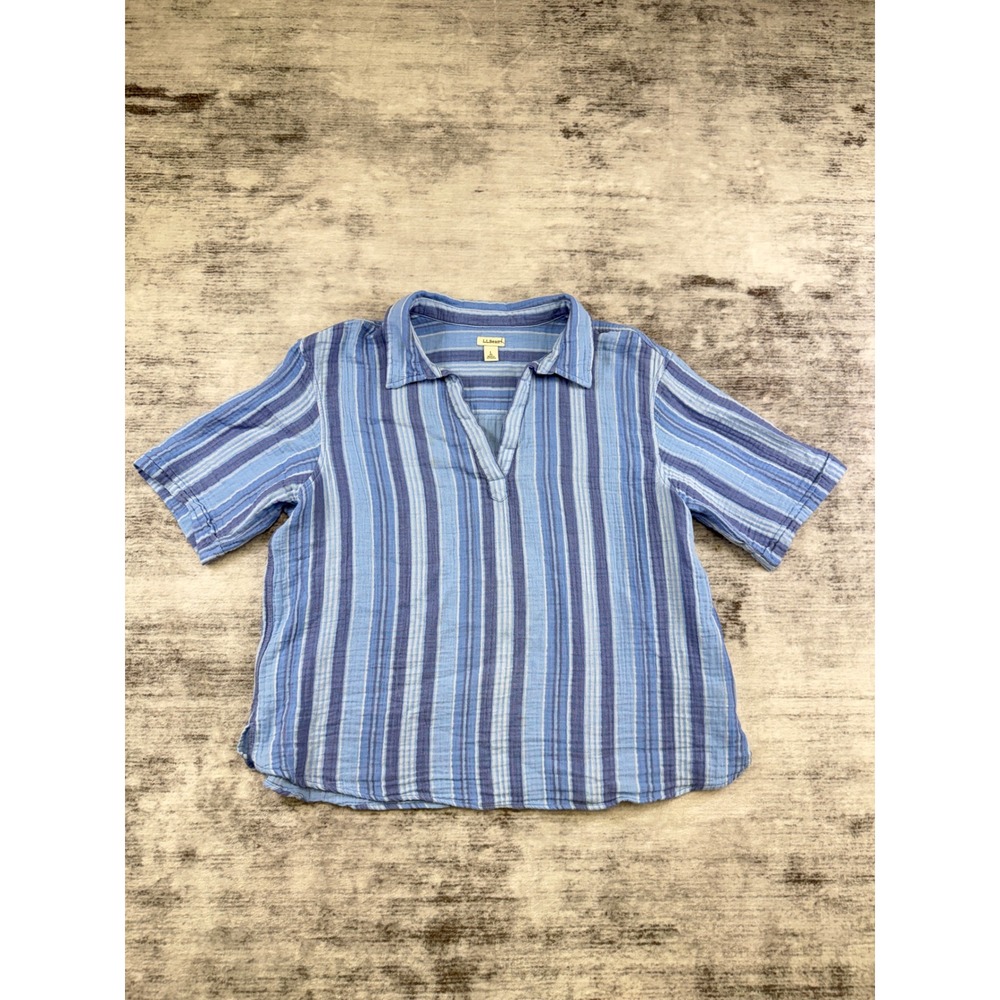 LL Bean Womens Blue Striped Cotton Double Gauze V-Neck Short Sleeve Top L 524680